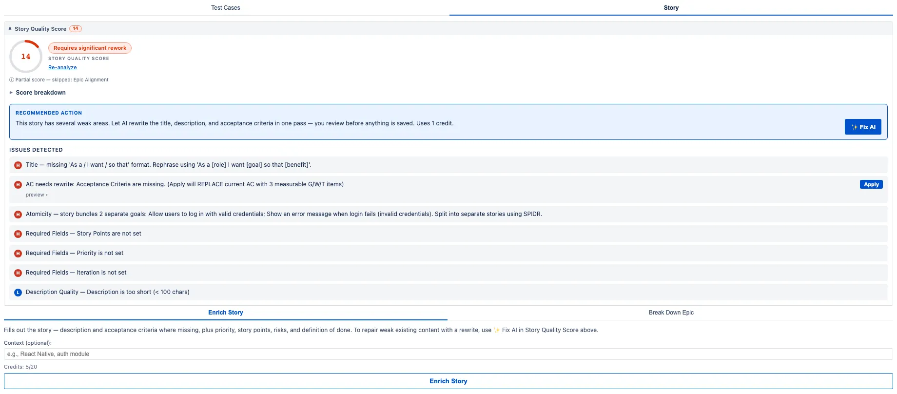 Borsch scoring a user story in Jira — quality score, the concrete issues it found, and a one-click AI rewrite