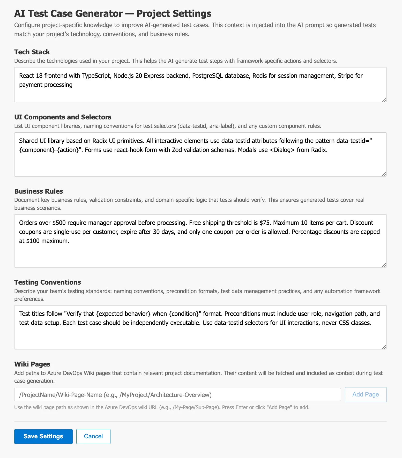 Borsch Project Knowledge settings — tech stack, UI components, business rules, testing conventions, and wiki pages
