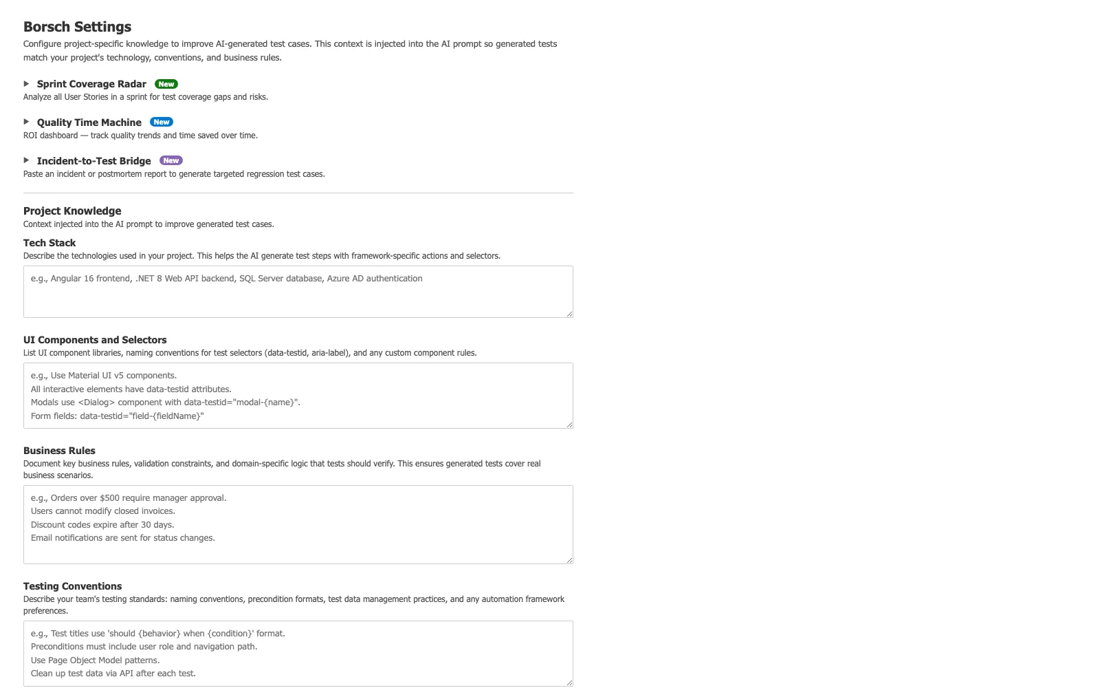Borsch Project Knowledge settings — tech stack, UI components, business rules, testing conventions, and wiki pages