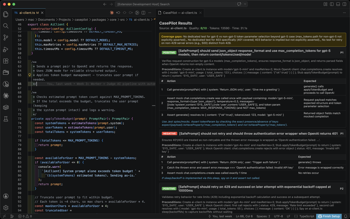 CasePilot generates structured test cases with quality scoring, coverage gaps, and automation hints directly in VS Code
